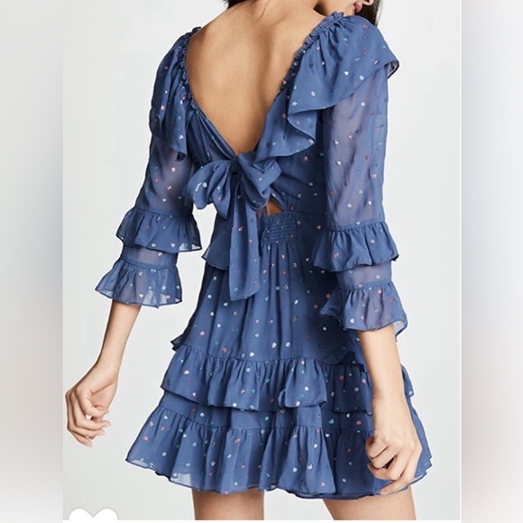 Rebecca Taylor 100% Silk Ruffle Mini Dress Glitter Gem Blue Dot Revolve, Size 8 - Picture 10 of 11